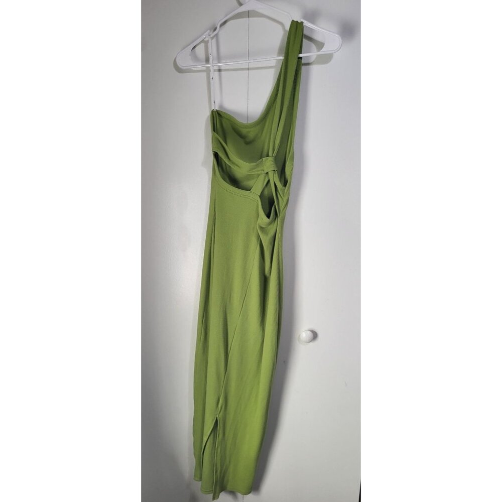 Lulus Show Stealer Lime Green One-Shoulder Asymmetrical Ribbed Maxi Dress SZ LG - Picture 2 of 10